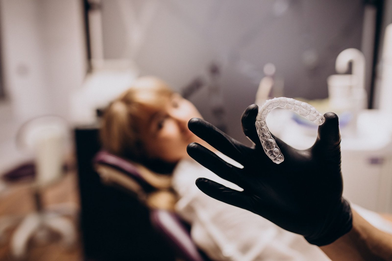 Dentist wearing black gloves holding a clear orthodontic aligner in focus, with a patient reclining in a dental chair in the blurred background